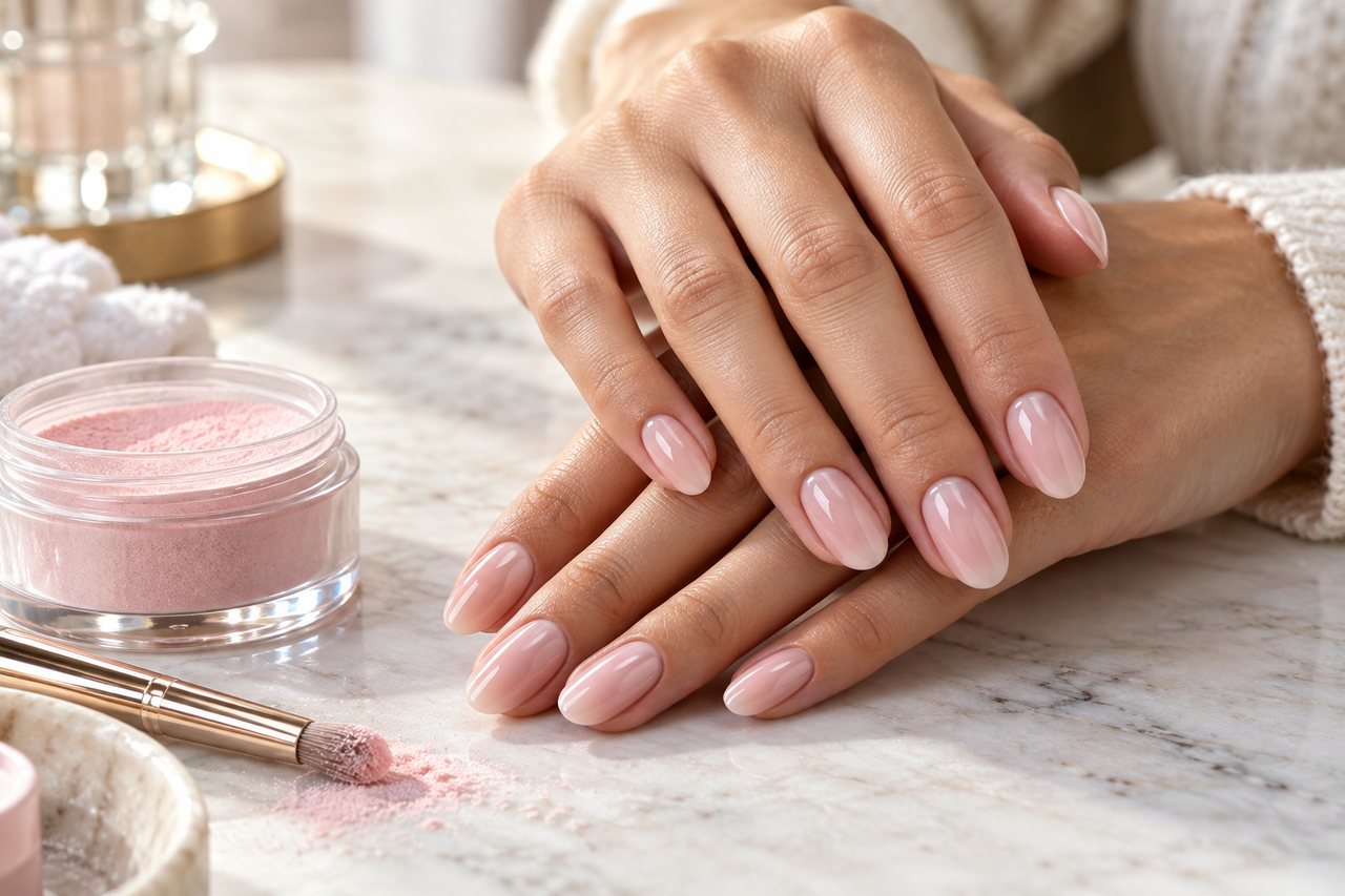 Manicura Dip Powder en tonos rosa nude con polvo para uñas
