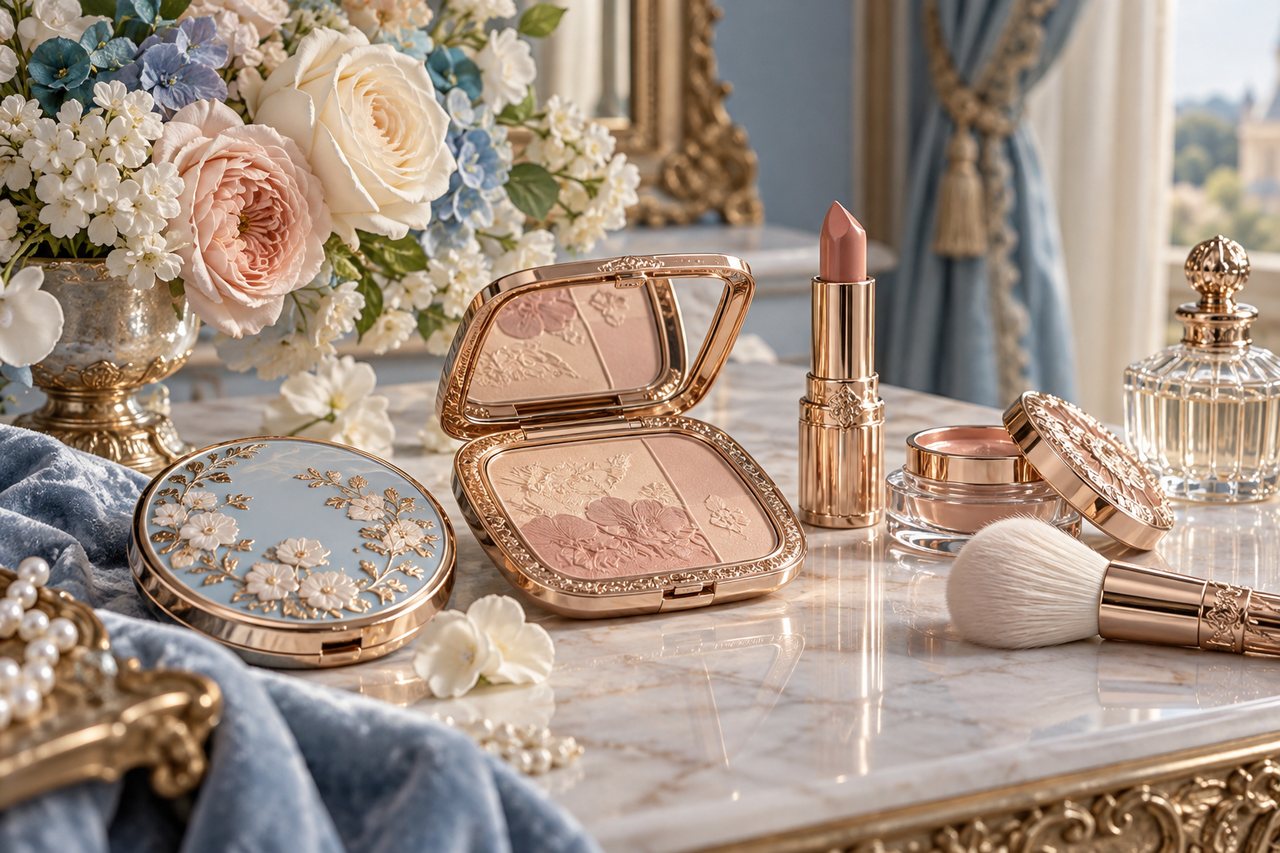 Colección de maquillaje inspirada en Bridgerton con tonos rosa y dorado