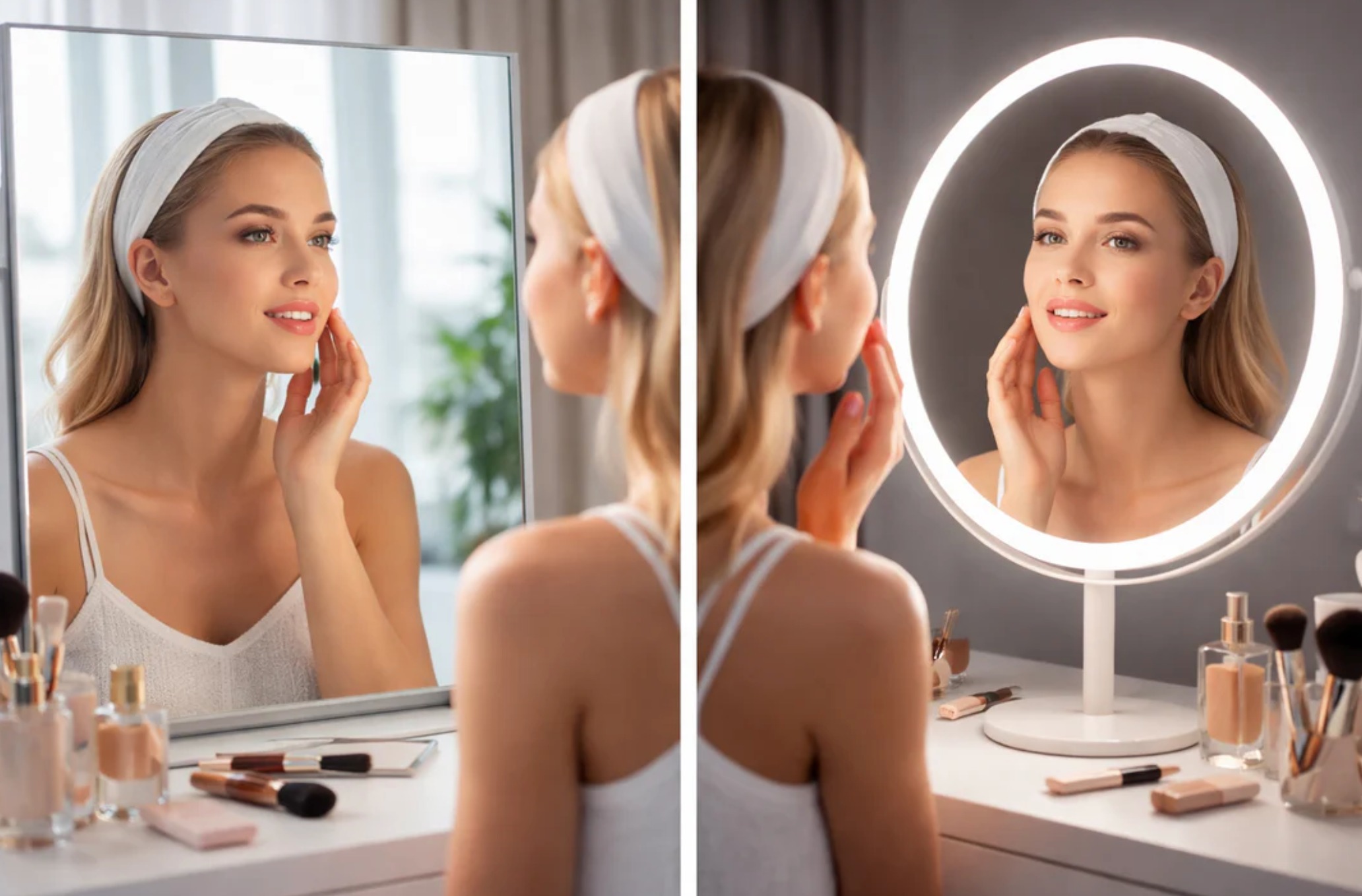 Rutina de belleza minimalista con productos de cuidado facial y maquillaje natural