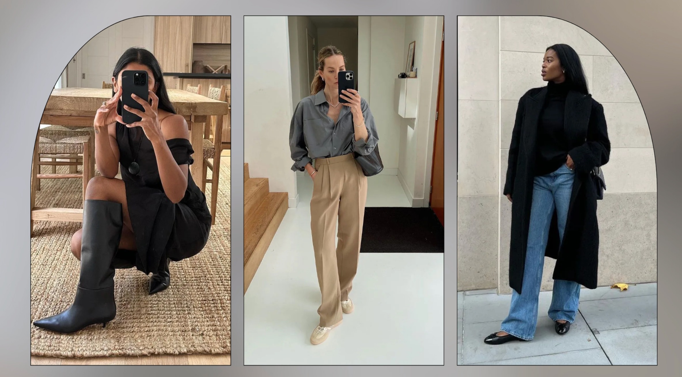 Mujer aplicando maquillaje ligero frente al espejo en un look cotidiano elegante